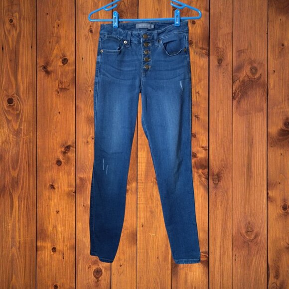 Just USA Women's Size 27 Button Fly Distressed Blue Denim Stretch Skinny Jeans - Picture 1 of 4